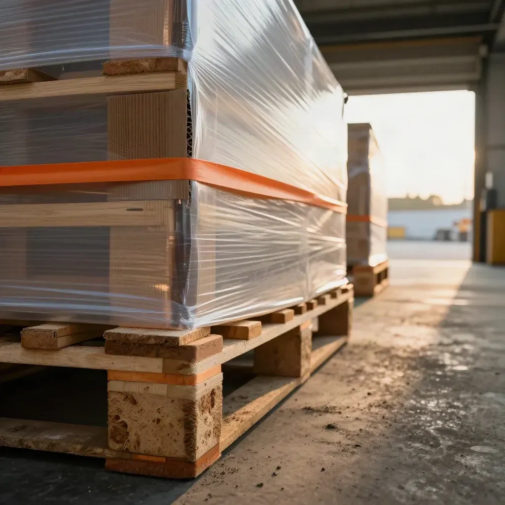 Pallet fasciati e protetti pronti all’uscita nel varco di carico illuminato.