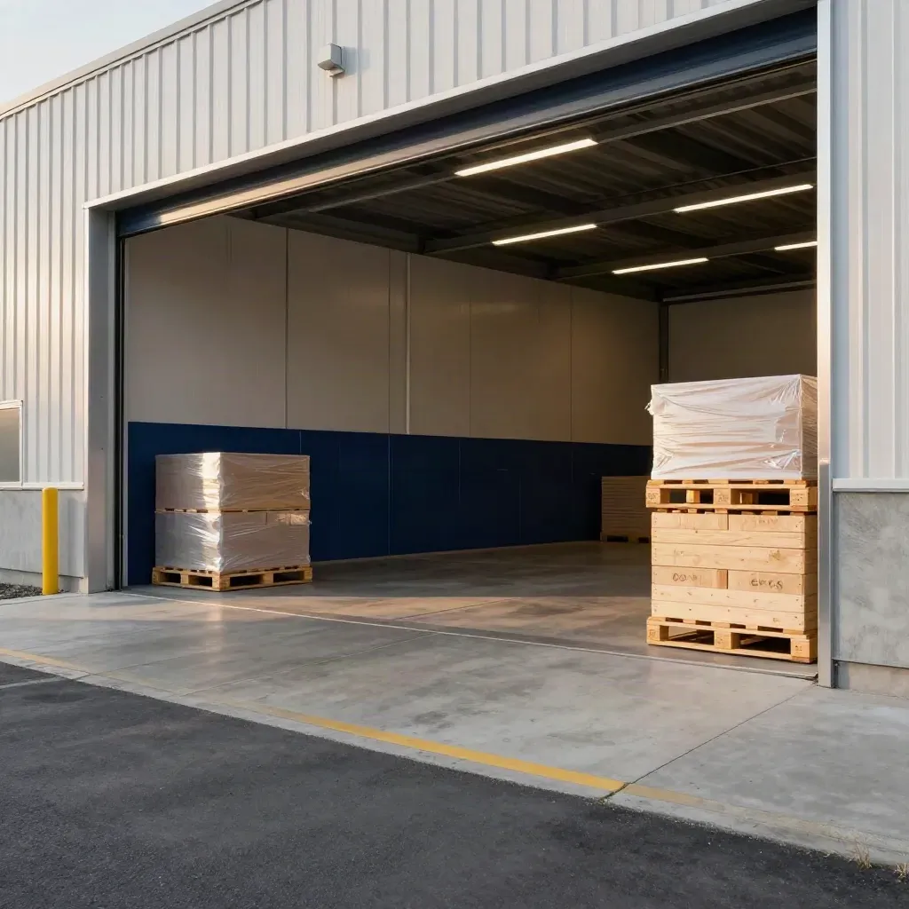 Capannone industriale nuovo con baia di carico aperta e pallet ordinati.