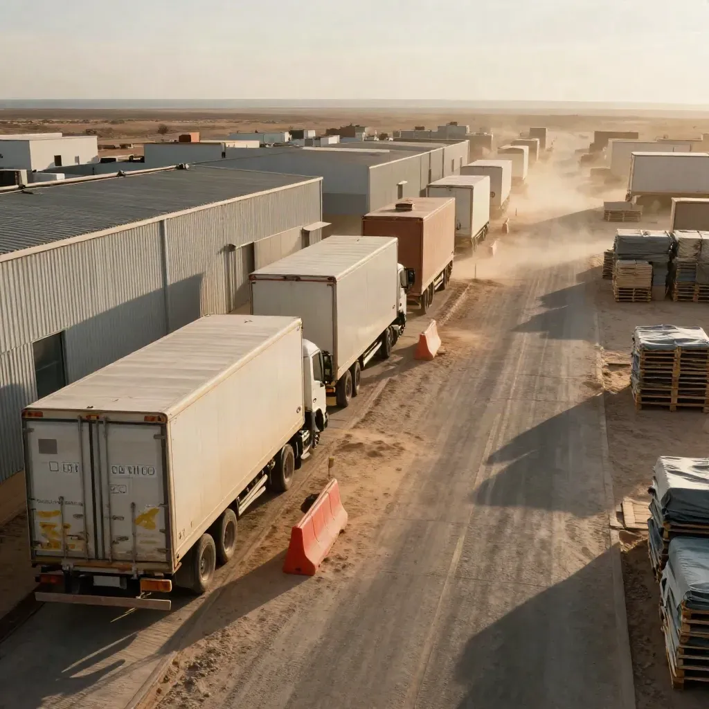 Piazzale logistico nel deserto con rimorchi chiari e magazzino basso in luce drammatica.